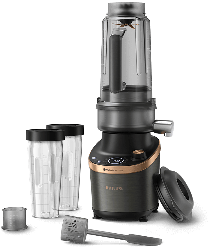 S&uacute;prava Philips Flip&Juice HR3770, vr&aacute;tane mix&eacute;ra s od&scaron;ťavovačom a poh&aacute;rom, dvoch bid&oacute;nov, nožov, odmerky, &scaron;pachtle.