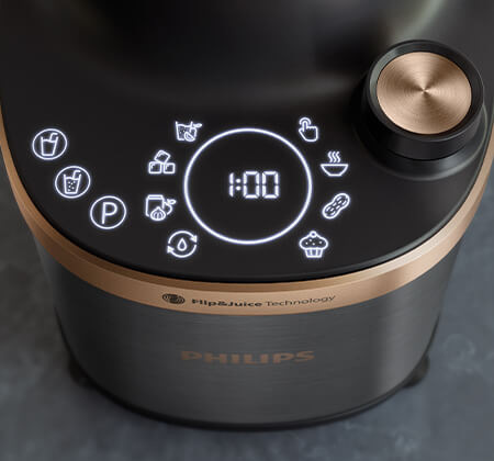 Ovl&aacute;dac&iacute; panel mix&eacute;ra a od&scaron;ťavovača 2 v 1 Filp&Juice s možnosťou v&yacute;beru z 8 automatick&yacute;ch programov na pr&iacute;pravu r&ocirc;znych druhov potrav&iacute;n.