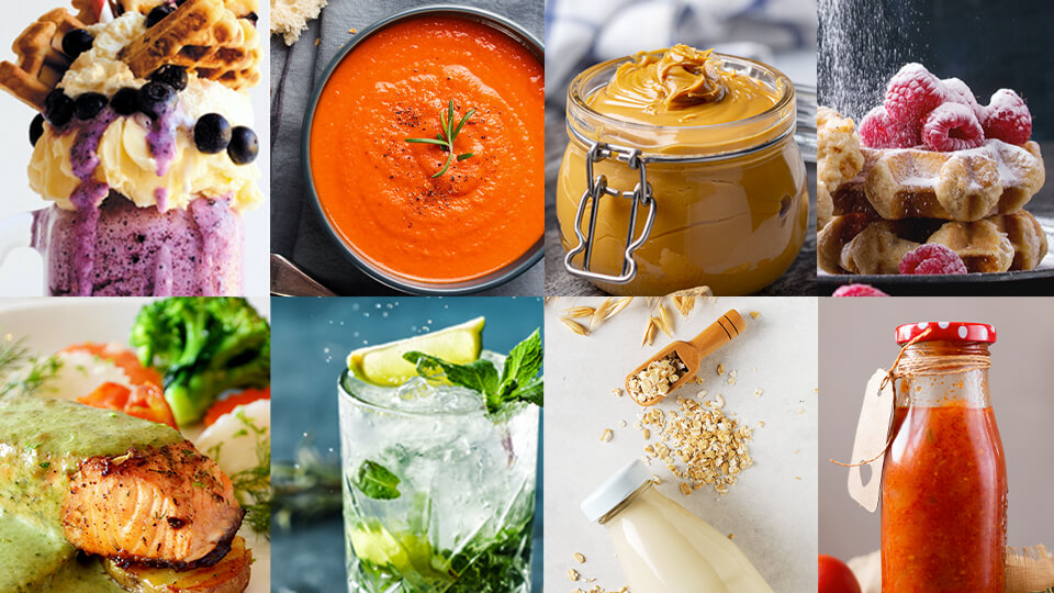 R&ocirc;zne pokrmy pripraven&eacute; pomocou mix&eacute;ra a od&scaron;ťavovača 2 v 1 Philips Flip&Juice: zmrzlina, kr&eacute;mov&aacute; polievka, ara&scaron;idov&eacute; maslo, vafle, zeleninov&aacute; om&aacute;čka, n&aacute;poj s drven&yacute;m ľadom, smoothie s cere&aacute;liami, ovocn&aacute; &scaron;ťava.