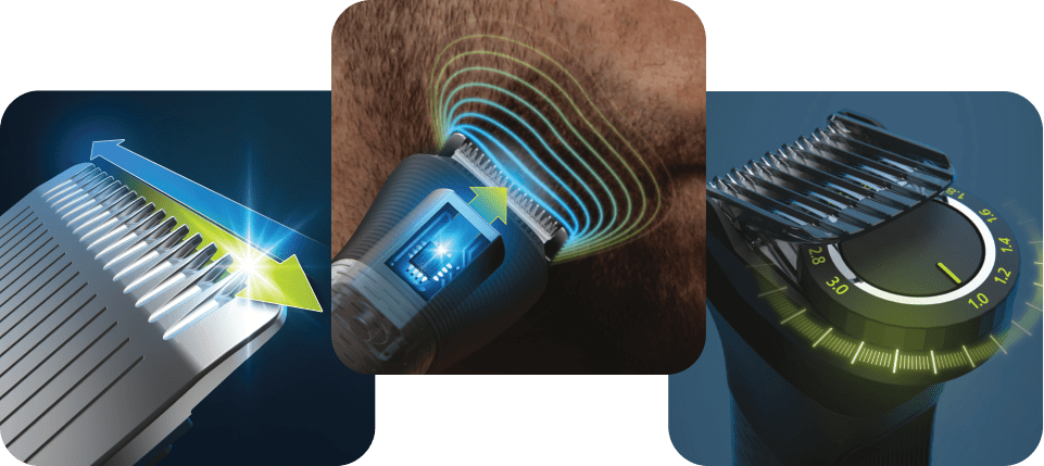 Samoostriace oceľov&eacute; čepele Technol&oacute;gia BeardSense Rovnomern&eacute; zastrihnutie jedn&yacute;m ťahom